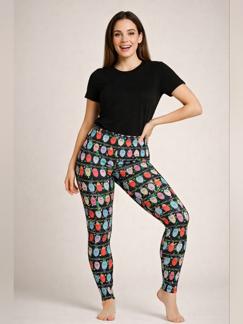 No Boundaries Black Holiday Lights Print Leggings - Picture 2 of 2